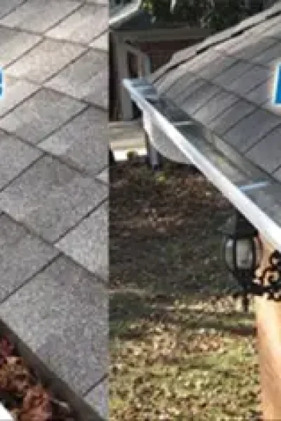 Before and after of a gutter cleaning in Stanwood, WA, showing a spotless gutter after service.