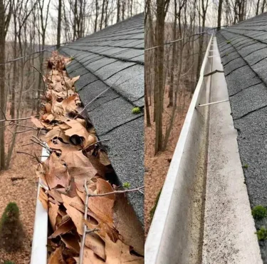 Before and after of gutter cleaning in Marysville, WA, showing a gutter full of leaves and then completely clean.