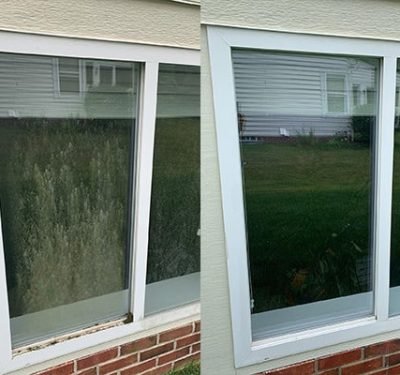 Before and after image of professional window cleaning in Lake Stevens, WA, highlighting the removal of grime and streaks